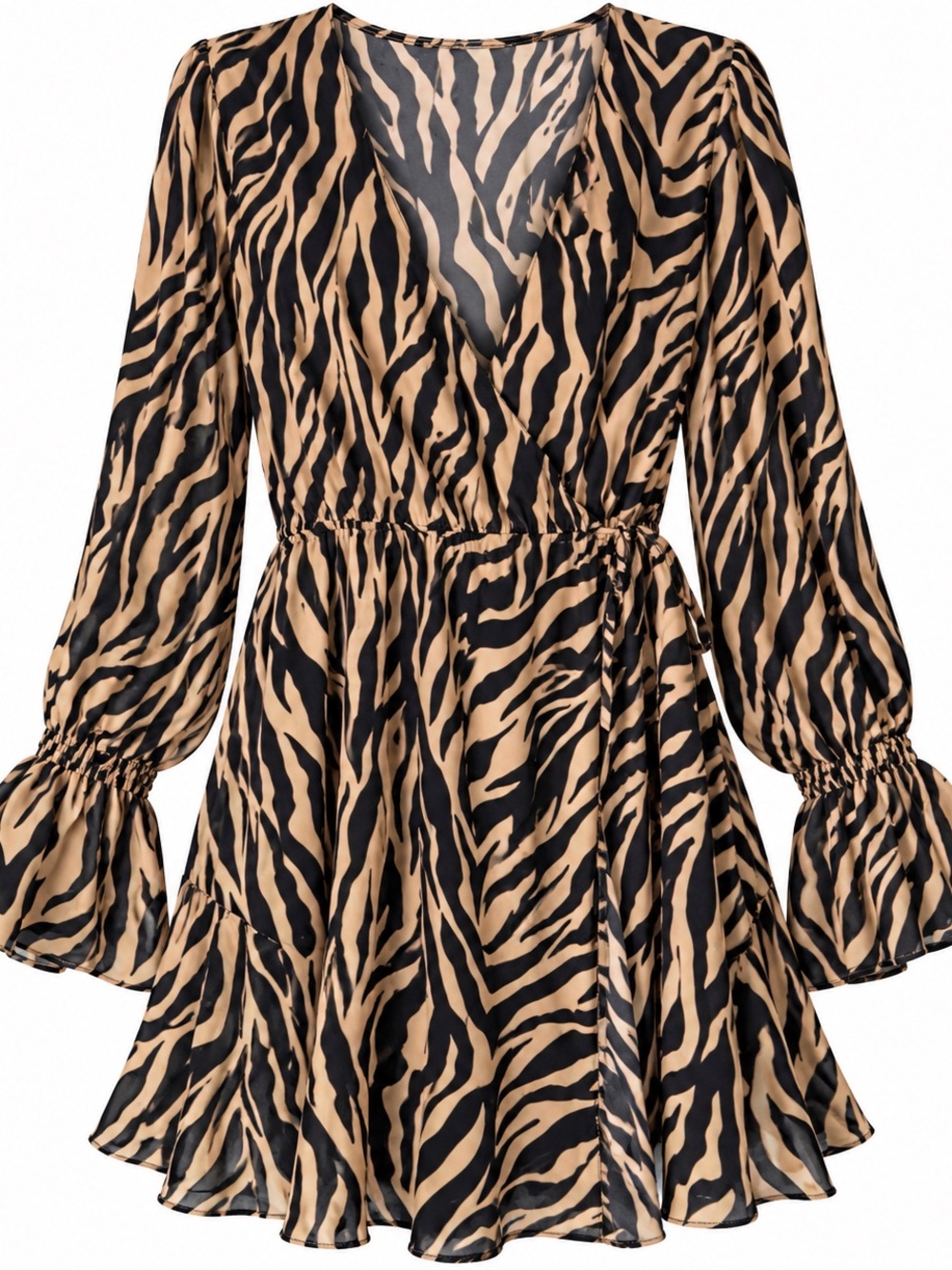 LoveRiche Zebra Print Wrap Dress Large | Ruffle Sleeve Mini Dress